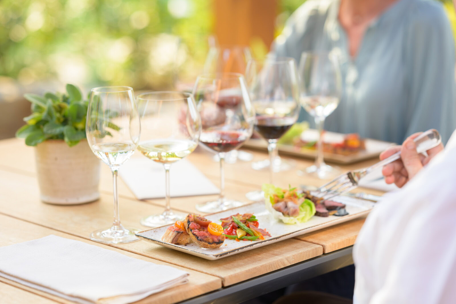 Wine glasses and tasting plates at Cakebread Cellars outdoor event, showcasing wine and gourmet food in a scenic setting.