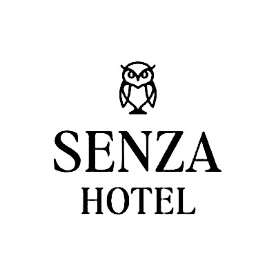 Logo of Senza Hotel featuring an owl illustration in black and white, associated with Wine Club and luxury accommodations.